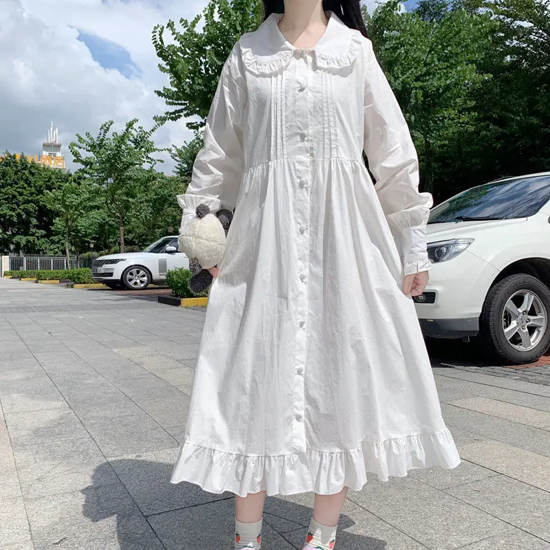 HOUZHOU White Dress Women Kawaii Ctue Sweet Midi Dresses Ruffle Casual Japanese Preppy Style Peter Pan Collar Long Sleeve Robe | Женская