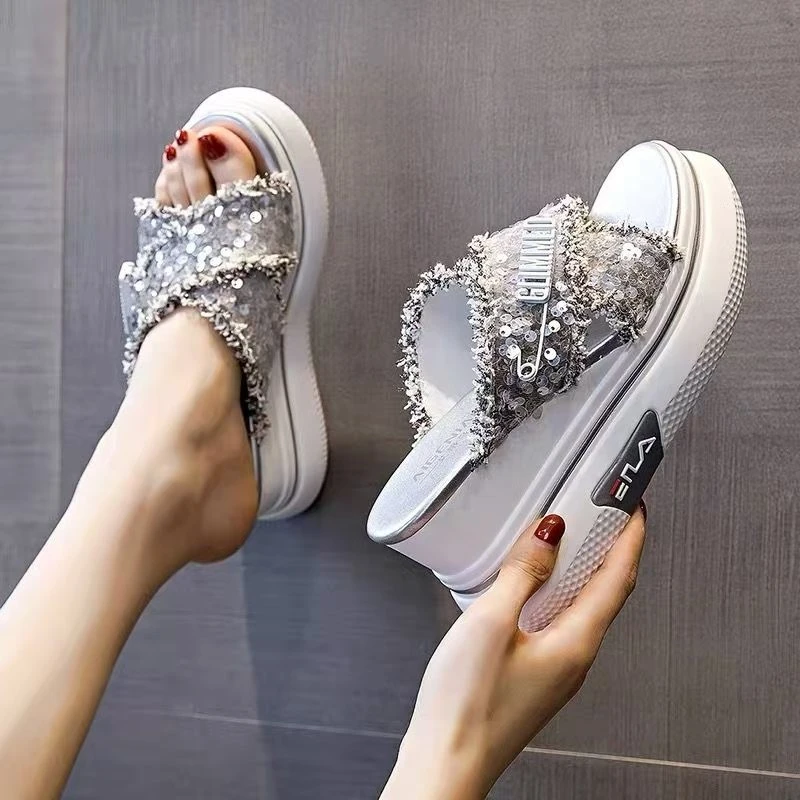 Zapatillas de lentejuelas mujer, informales a la moda para exteriores, resistentes desgaste, aumento de aumento, sandalias de cuña| Zapatillas| - AliExpress