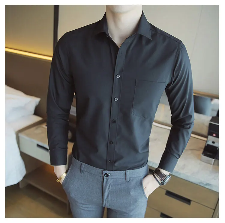 Men Blouse Shirts Autumn Fashion Solid Color Lapel Top Casual Slim Button Shirts Long Sleeve Shirt Men Plus Size Shirt