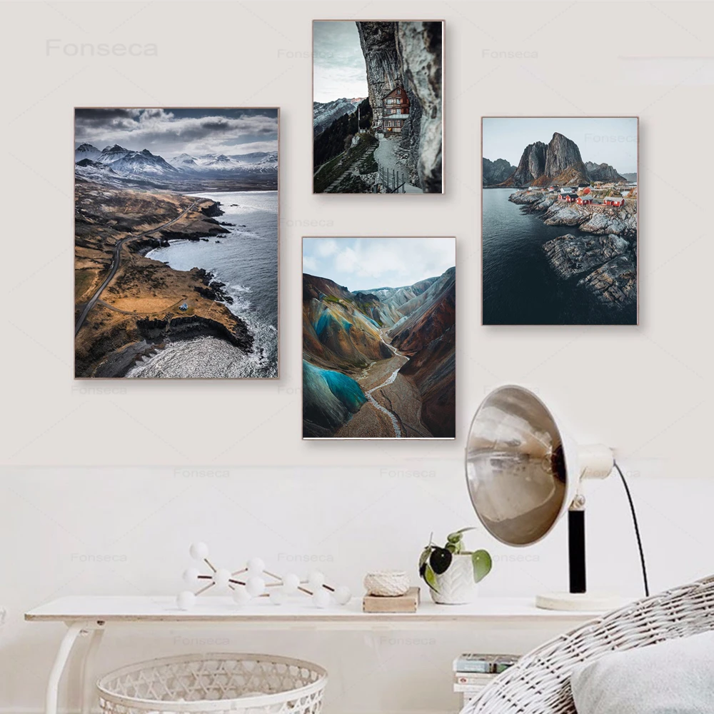 

Nordic Landscape Posters and Prints Mountain and Sea Canvas Painting Modern Home Decoraion Wall Art Pictures for Livign Room