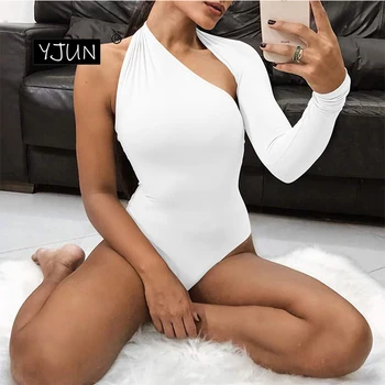 

One Shoulder Sexy Bodycone Bodysuit Women Bandage Solid Black White Red Plus Size Body Suit Top One Piece 6 Colors