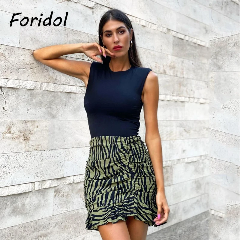 

Foridol Zebra Print Rruched Bodycon Skirts Womens High Waist Ruffle A-line Green Mini Skirt Bottoms Spring Autumn Skirts 2020