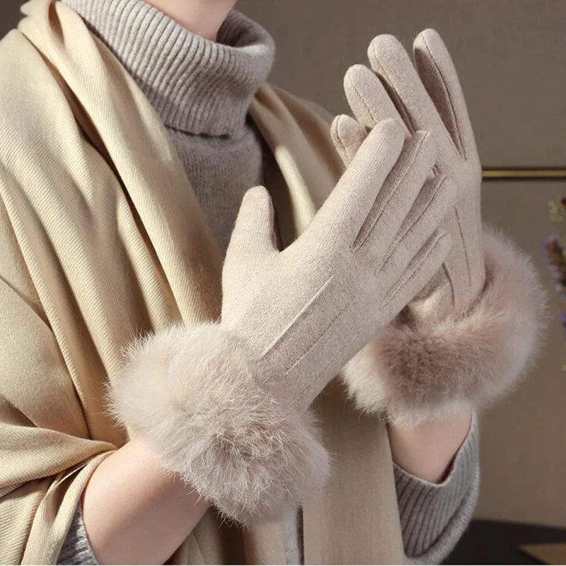Перчатки из кроличьего меха женские зимние Бархатные Утепленные Рукавицы из кашемира с вышивкой на пальцах шерстяные перчатки для вождения с сенсорным экраном H65