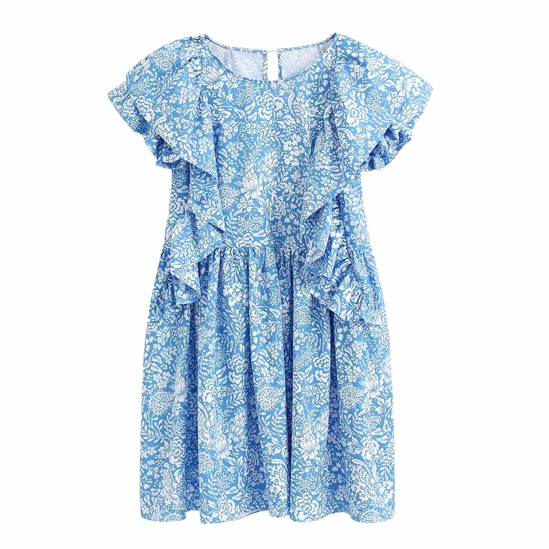 

Women Retro Dress Floral Up Blue Dress Plus Size Party Dress Loose Vestidos De Festa Casual Sundress