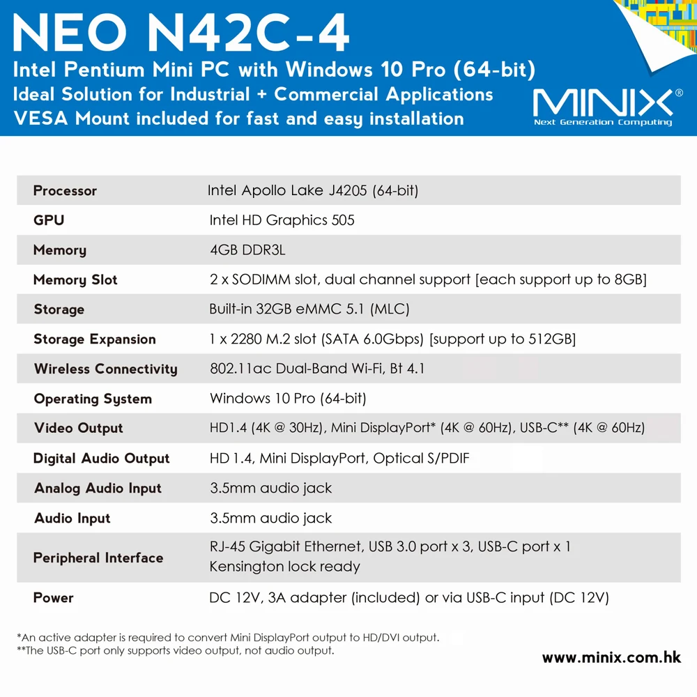 MINIX NEO N42C-4 Мини ПК Win10 Pro Intel Apollo Lake J4205 UHD 4K BT4.1 медиаплеер 4 ГБ/64 Гб 2,4G+ 5G WiFi видео плеер