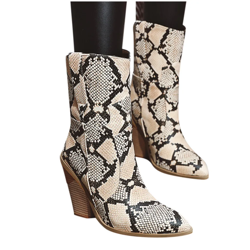 autumn Winter new Womens Leather Snake Print Wedges Shoes Pointed Toe Cowboy Slip-On Boots high heel boots women boots#O19