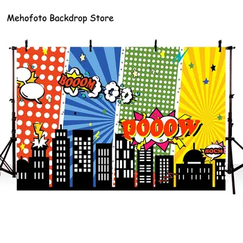

Mehofoto City Photography Backdrop and Superhero Party Masks for Kids Birthday Party Decoration, Studio Photography Background