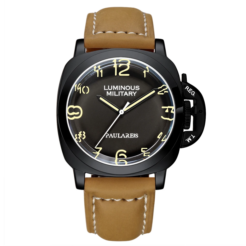 Black Yellow Men Automatic Self Wind Mechanical Genuine Brown Leather Strap Yellow Green Military Luminous 44mm Luxury Rose Gold Watch - Цвет: Black Yellow