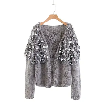 

Hand Knitted Beading Cardigan Women Fringed Sweater Loose 3D Sequined Tassels Coat Hollow Wool Circles Fringed Jacket Tops