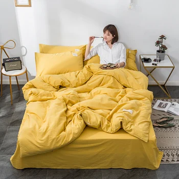 

3-4Pcs/Set Bedding Set Washed Cotton Reactive Printed Bed Set Breathable Bed Sheet Pillowcases Fitted Bed Sheet Duvet Cover Sets