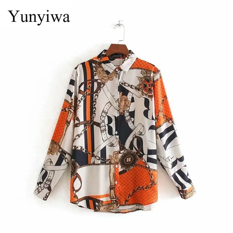

Women Vintage Color Matching Chain Pattern Print Shirt Office Lady Long Sleeve Business Blouses Chic Autumn Retro Tops