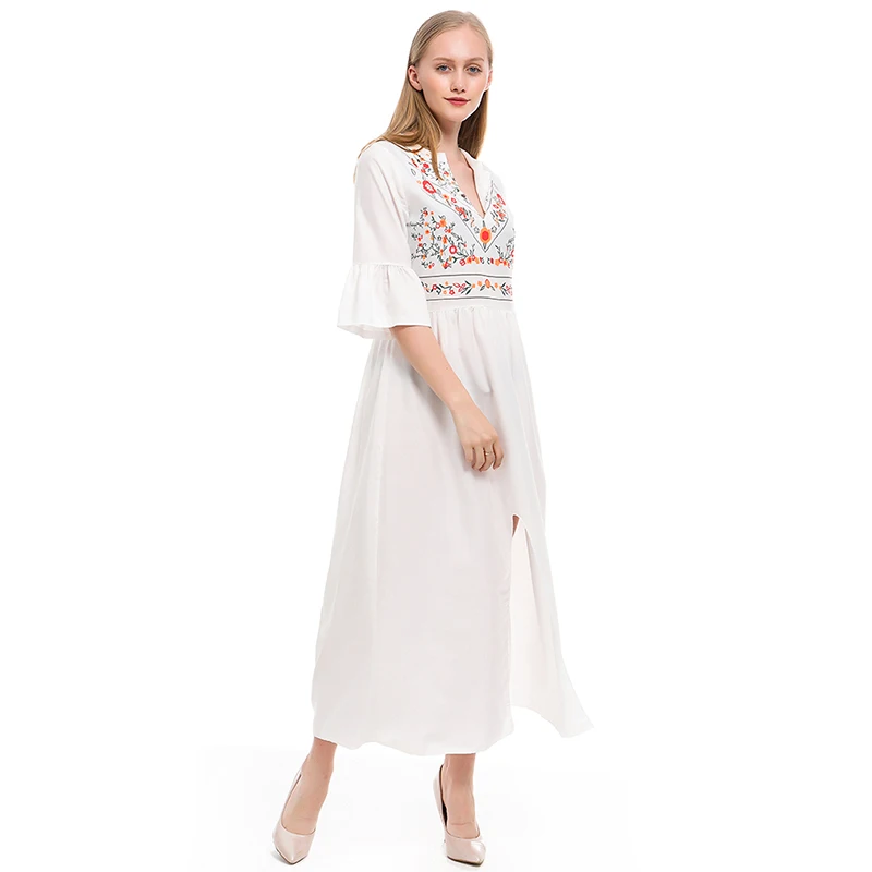 Инди Фолк Белый Vestidos офисный принт винтажные осенние платья женское платье длинное Цветочное платье с коротким рукавом женское