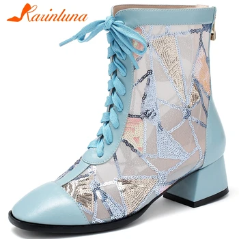 

Karinluna 2020 Hot Sale Genuine Leather Mesh Comfortable Shoes Woman Boots Female Square Heels Zip Up Mix Colors Summer Boots