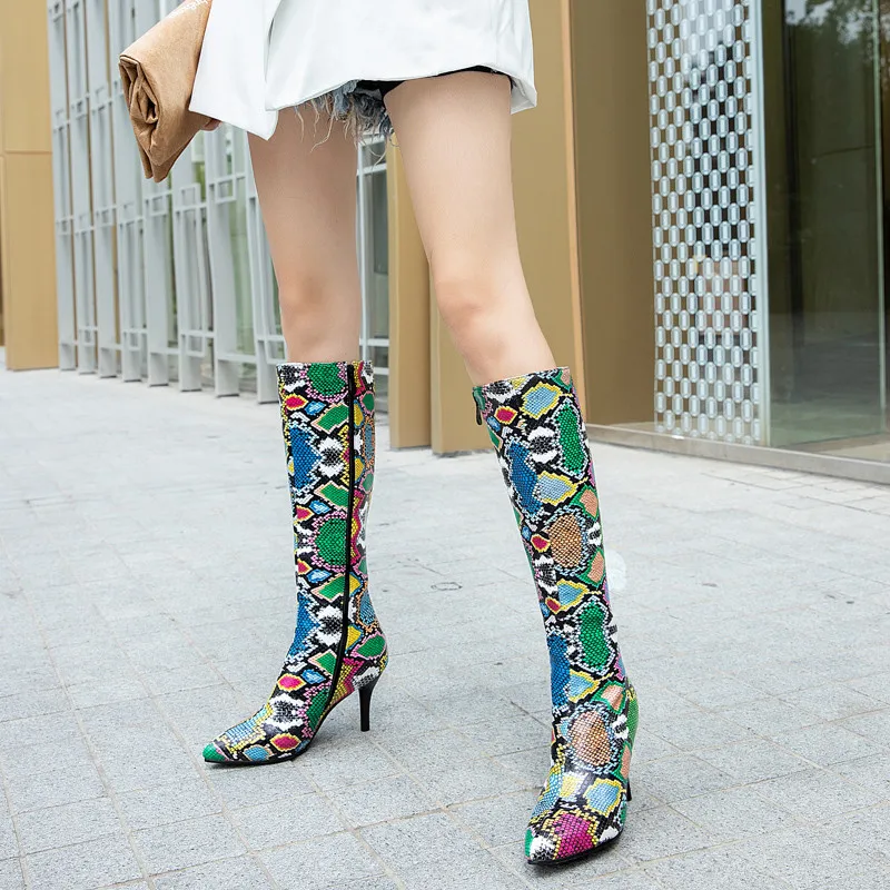 

YMECHIC 2024 Autumn Sexy High Heel Boots Female Green Black Snake Print Stiletto Pointed Toe Mid Calf Long Riding Boots Shoes 42