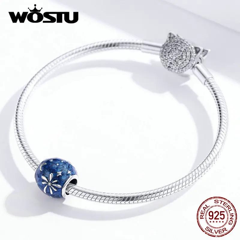 WOSTU, 925 пробы, Серебряный фейерверк, синие Бусины, Круглый Шарм, подходит для оригинального браслета, кулон, на год, вечерние ювелирные изделия FNC132