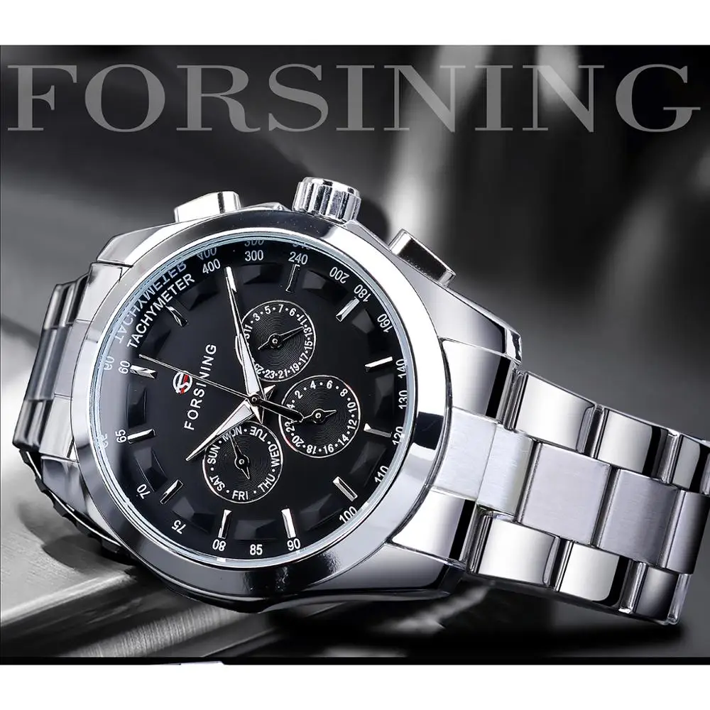 Forsining Business Style Automatic Watch mechanical watch business watch link For Men Black Dial Mechanical With Calendar Luminou Pointers to Brazil