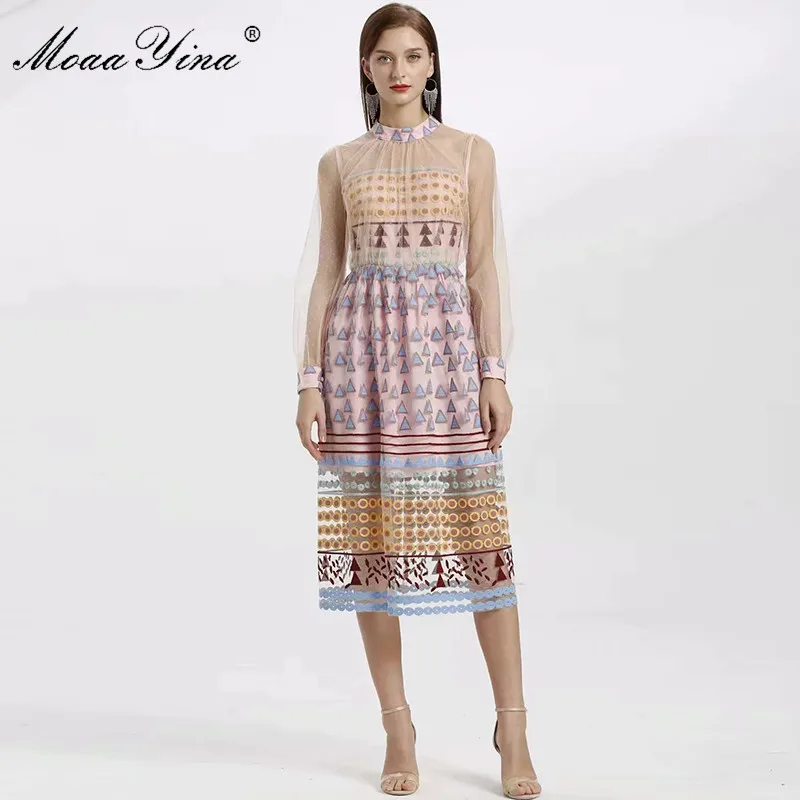 MoaaYina, модное дизайнерское платье, весна-лето, женское платье, длинный рукав, сетка, геометрическая вышивка, винтажные элегантные платья - Цвет: Многоцветный