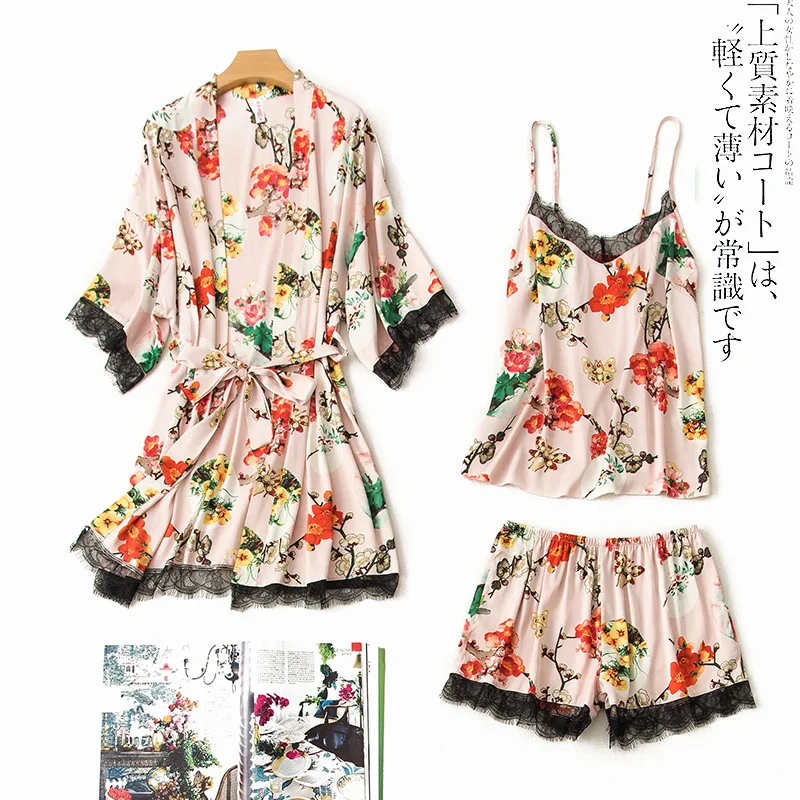 Sleepwear 3 Pieces Satin Faux Silk Autumn Sling Short Pants Homewear Woman Summer Pajamas Set Floral Printed Sleep