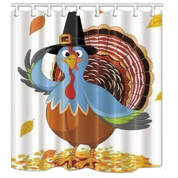 

Thanksgiving Holiday Shower Curtain, Cartoon Turkey with Pumpkin, Polyester Fabric Bathroom Curtains Waterproof Bathroom Bath