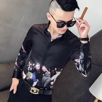 

2019 Casual Shirts Men Slim Fit Long Sleeve Dress Shirt Autumn Print Streetwear Social Night Club Party Camisa Masculina