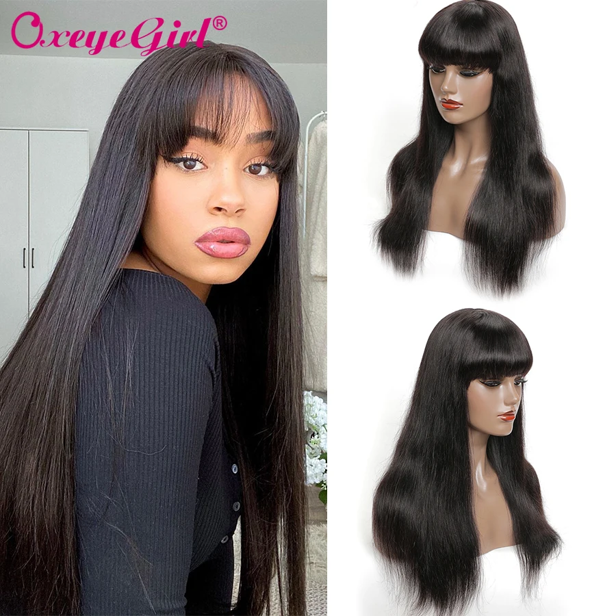 US $46.81 Straight Human Hair Wig With Bangs Brazilian Full Machine Made Wigs For Black Women Oxeye Girl Remy Hair Glueless Perruque Lisse