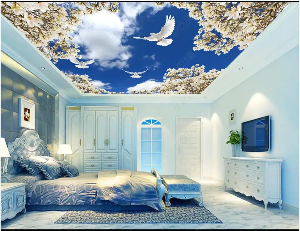 

3d ceiling murals photo wallpaper Blue sky and white cloud pear flower living room decoration Wallpaper for modern wall