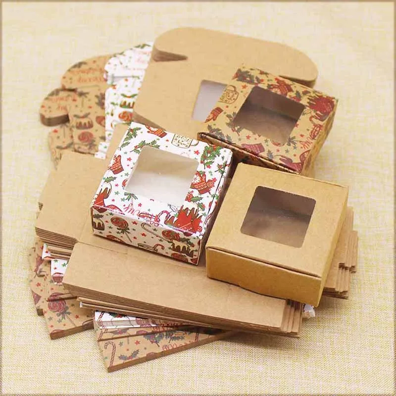 10pcs Kraft Paper Candy Box Merry Christmas Print Box Gifts Box With Window Marbling Style Package Box Home Wedding Party Decor