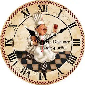 

WONZOM 16 Inch Red Wine Chef Wooden Cardboard Wall Clock,Silent&Non-Ticking Feature,Antique Style For Kitchen Office Home Study