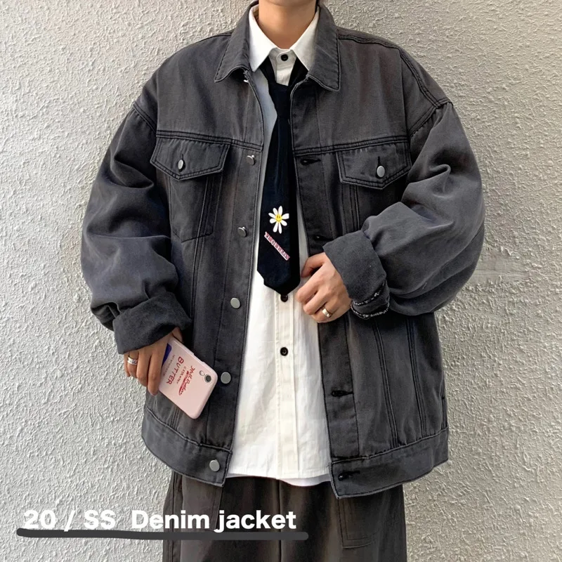

Spring Denim Jacket Men's Fashion Solid Color Washed Retro Casual Denim Jackets Mens Streetwear Loose Hip Hop Bomber Jacket Men
