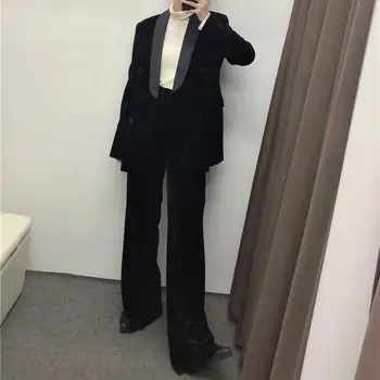 

Vintage Notched Blazer Straight Pants Two Piece Suit Turn-Down Collar Women Simple Blazer Velvet Set Solid Outfits Work Set