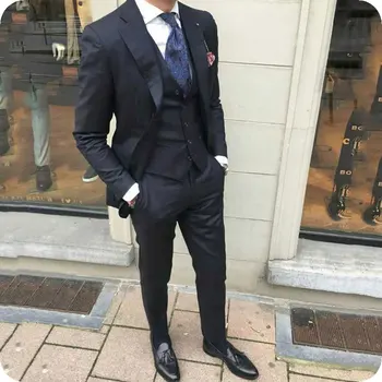 

Grooms Wedding Tuxedos Navy Blue Wedding Coat Suits Man Blazer Slim Fit Terno Masculino 3Piece (Jacket+Trousers+Vest)
