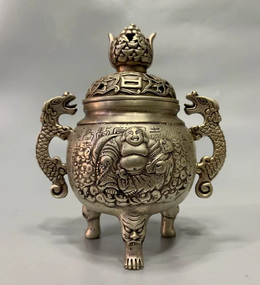 

China White copper maitreya Buddha Incense burner crafts statue