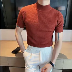 2021 Spring New Short Sleeved Knitted Sweater Half High Neck T-Shirt High Quality Men Korean Slim Casual Pullovers 5 Color