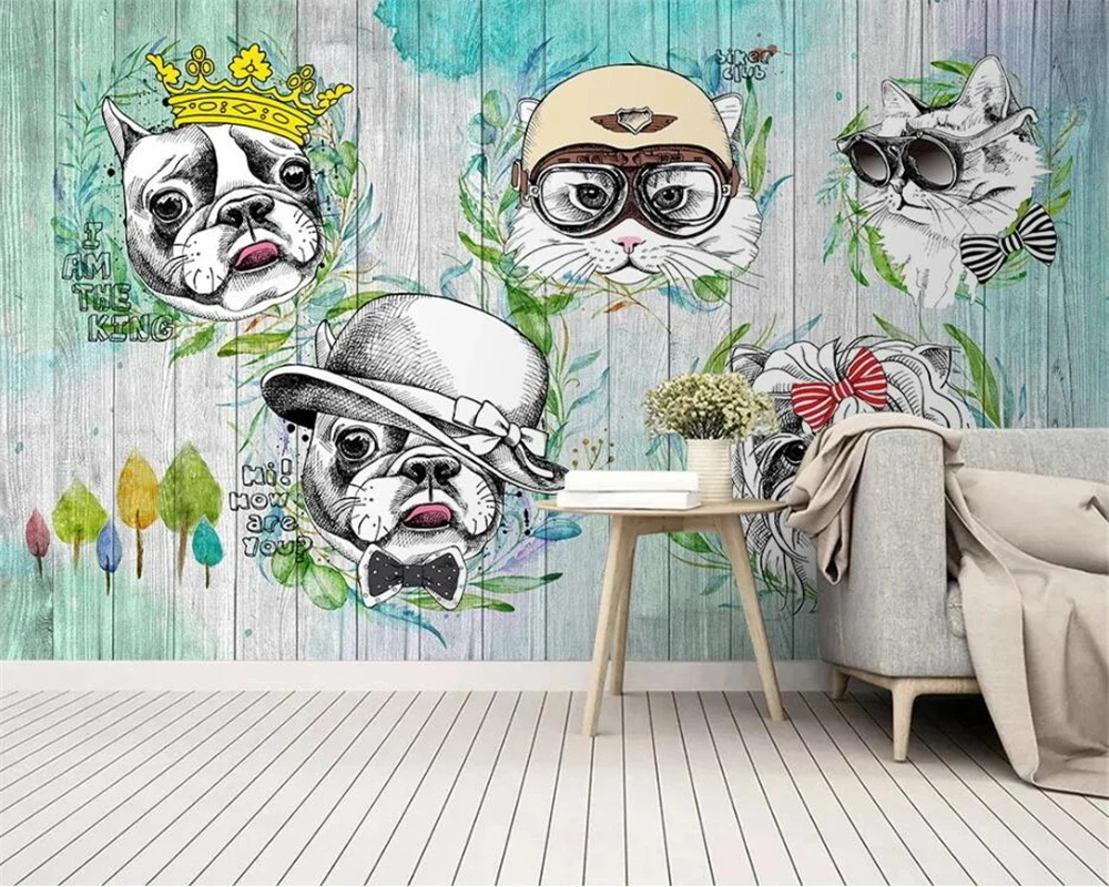 beibehang Customized modern fashion hand drawn animal cat dog cartoon background decorative painting papier peint wallpaper |