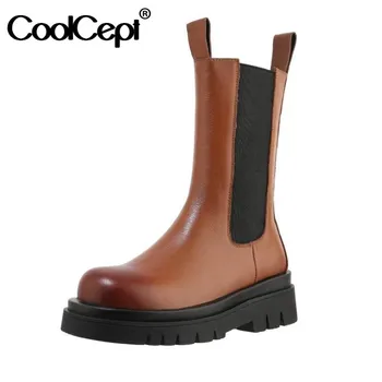 

CoolCept Genuine Leather Woman Short Boots New Fashion Elastic Flats Winter Shoes Woman Retro Office Lady Footwear Size 34-39