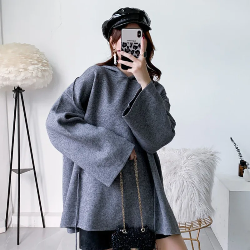  LANMREM 2020 New spring solid color Belt O-neck Puff sleeve sweater Streetwear long sleeve loose le