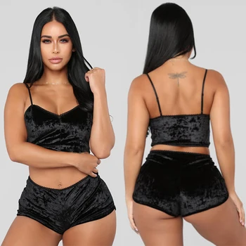 

2Pcs Casual Slim Solid Women's Underwear Sexy Pajamas Velvet Sleeveless Crop Tops Shorts Sets Summer Clothes