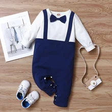 Spring Fall Baby Boy Rompers Baby Playsuits Gentleman's Bow Patchwork Long Sleeve Baby Rompers Party Wedding Baby Clothes 0-18M