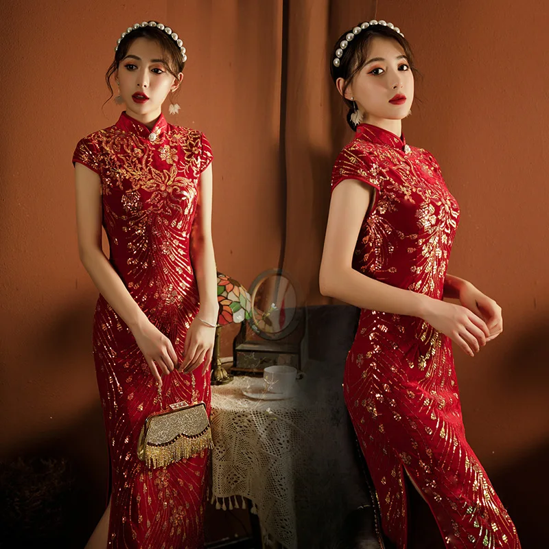 Chinese Dress Female Evening Dress Velvet Phoenix Tail Cheongsam Chinese Style Classic Qipao Vintage Button Dresses Gown Spring Banquet