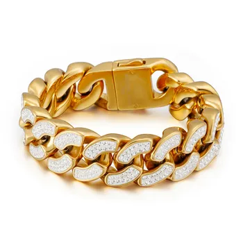 

Ins Hot 20mm Men's Full white Zircon Titanium Steel Cuban Chain Hiphop Golden Rhinestone Bracelet Best Christmas Gift