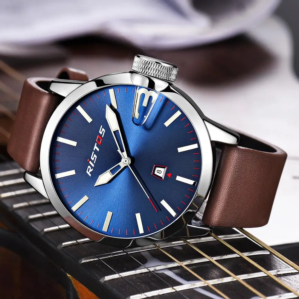 RISTOS мужские часы Топ люксовый бренд водонепроницаемые спортивные наручные часы с хронографом кварцевые военные из натуральной кожи Relogio Masculino
