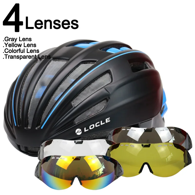 LOCLE Goggles велосипедный шлем двухслойный дорожный горный велосипедный шлем с линзой ультралегкий Casco Ciclismo велосипедный шлем 55-61 см - Цвет: Black Blue 4 Lenses