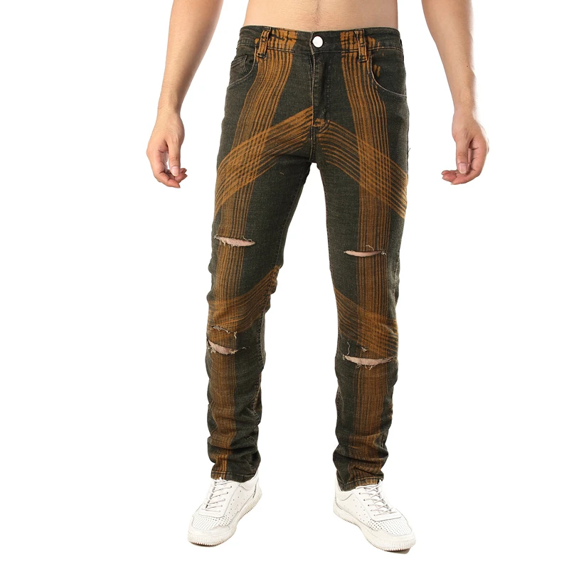 

High Quality New Jeans Men's New Fashion Korean Style Casual Drag Yellow High Street Slim Fit Pants Personality Denim Trousers