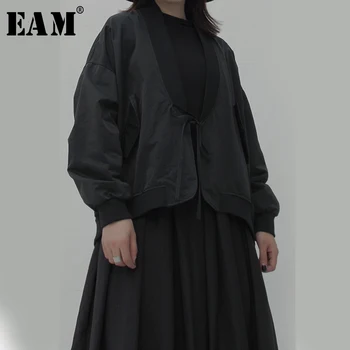

[EAM] Loose Fit Black Bandage Big Size Jacket New Stand Collar Long Sleeve Women Coat Fashion Tide Spring Autumn 2020 1K498