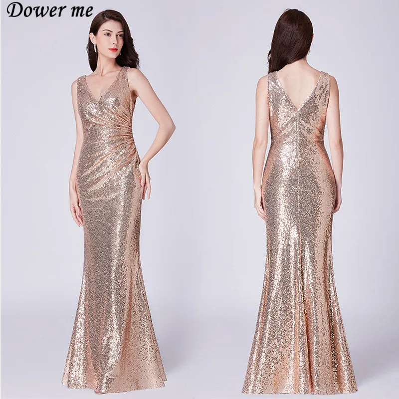 

Skyyue Sleeveless Sexy Deep V-Neck Evening Gown Sequin Backless Women Party Dresses Tank Formal Dress Robe De Soiree C454