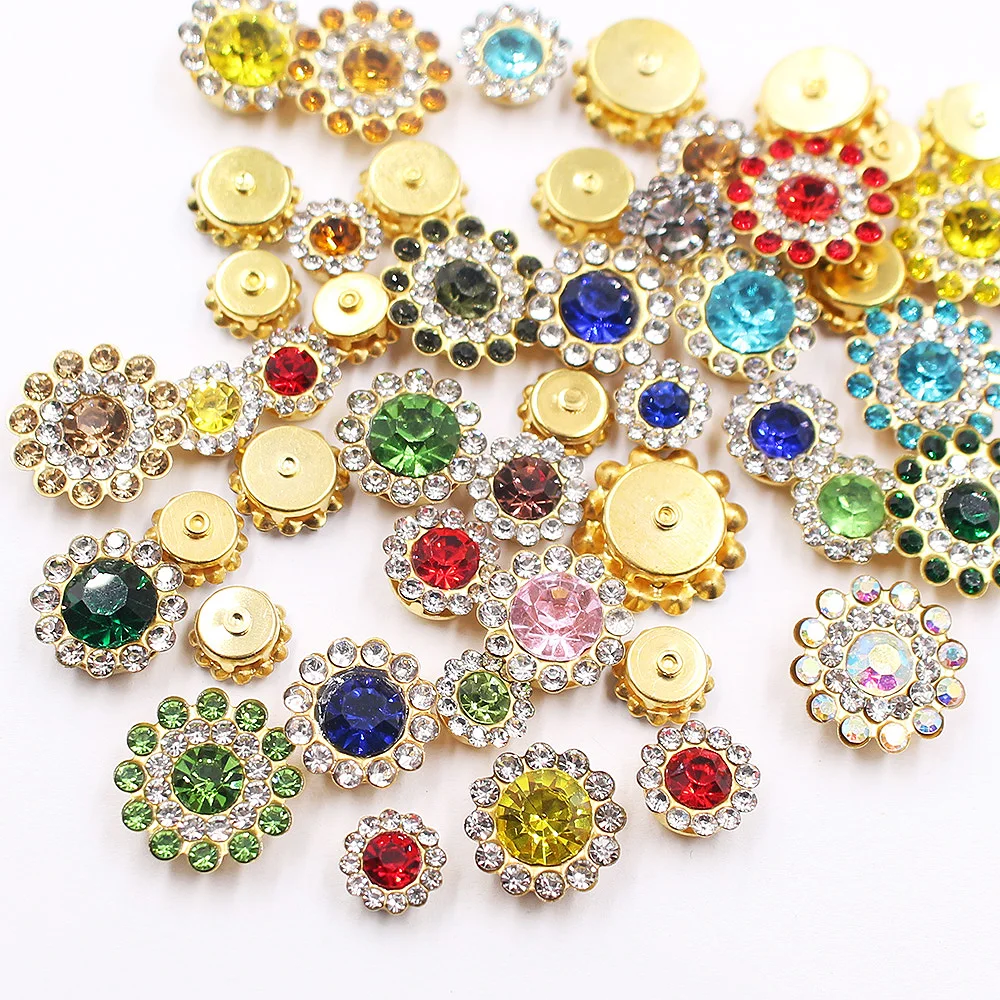 8mm-14mm Sun Flower Lace Claw Rhinestones Gold Cup Base Glitter Crystals Stones Sewing Rhinestones for Needlework Glass Button
