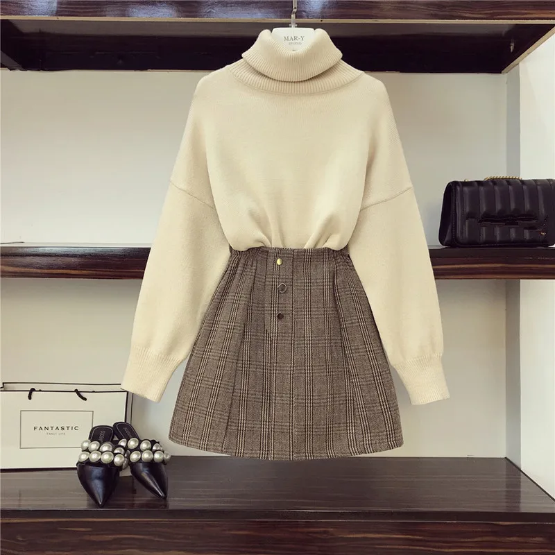 

2019 Fall Winter New Lazy Wind Turtleneck Oversize Knitted Sweater and High Waist Patchwork Lattice Skirt 2 Piece Sets Women