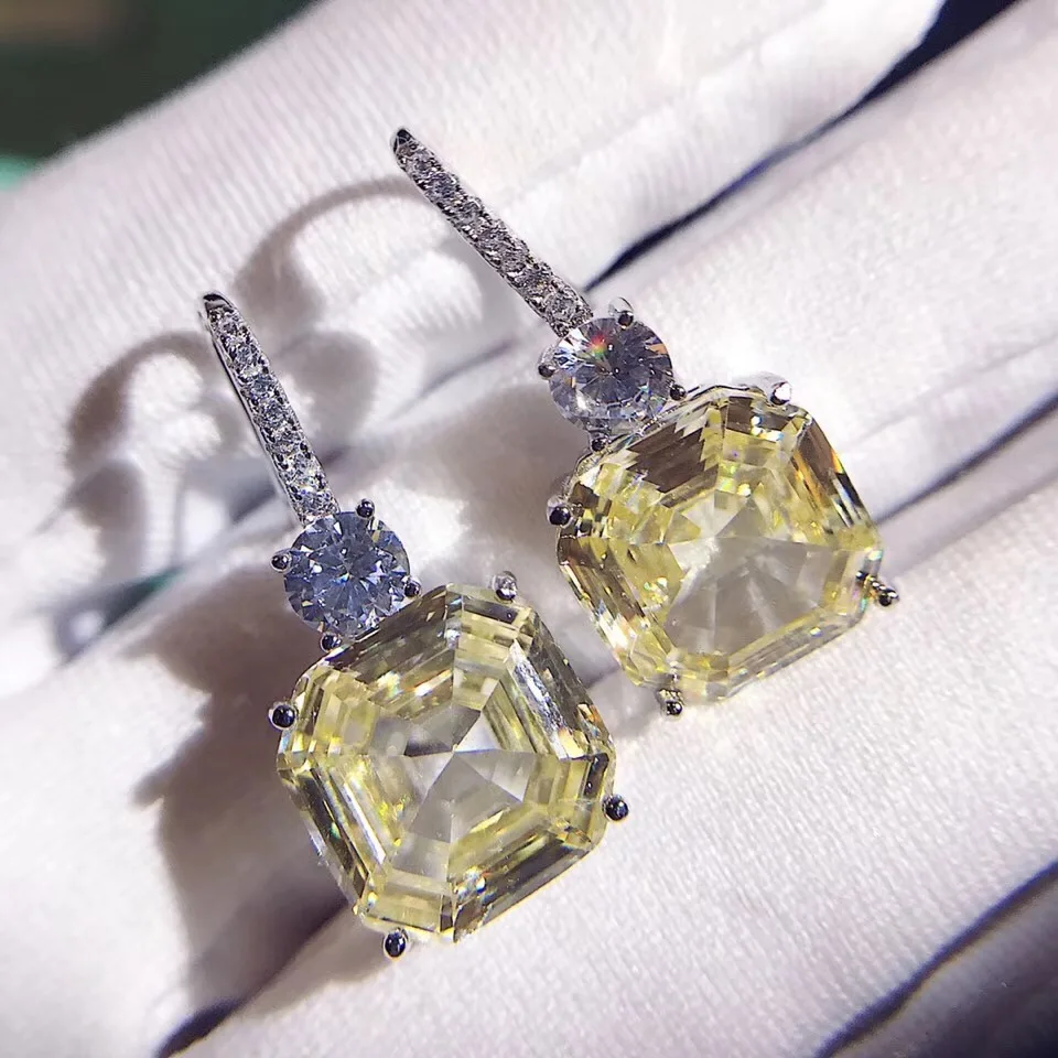 

Luxury Brand design cubic zirconia yellow stone earrings 925 sterling silver jewelry square crystal earrings famous brand