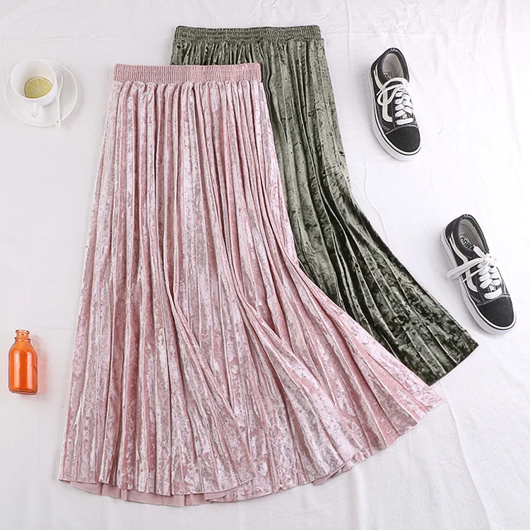 winter elastic stretchy high waist midi pleated a line velvet skirt for women warm thermal womens skirts ladies saia saias pink