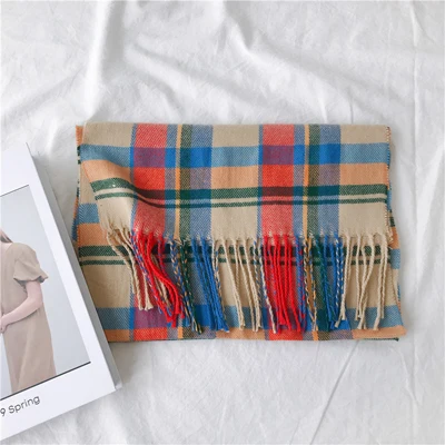 orange apricot plaid Luna& Dolphin женские шерстяные шарфы 190x30 см английский стиль плед палантин красный зеленый шерсть мягкая кисточка пашмины шотландский теплый шарф - Цвет: orange apricot plaid